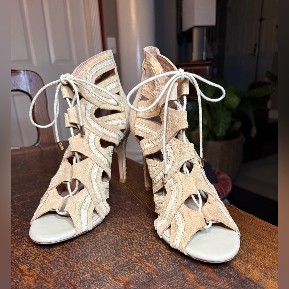 Joie Remy Caged Gladiator Lace-Up Heels - Nude/Tan Leather - Size 37.5 - Picture 3 of 11